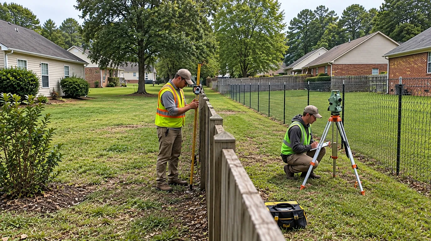 Two land surveyors checking where an old wooden fence and a newer wire fence fail to line up between neighboring backyards, one holding a prism pole and one kneeling by a total station with a plan.